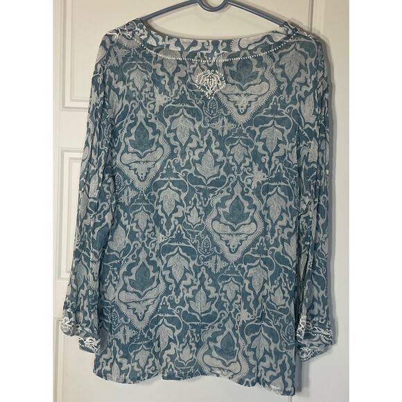 Chico's Blue Floral Longsleeve Semi Sheer Silk Embroidered Boho Peasant Top 2 - Picture 6 of 11